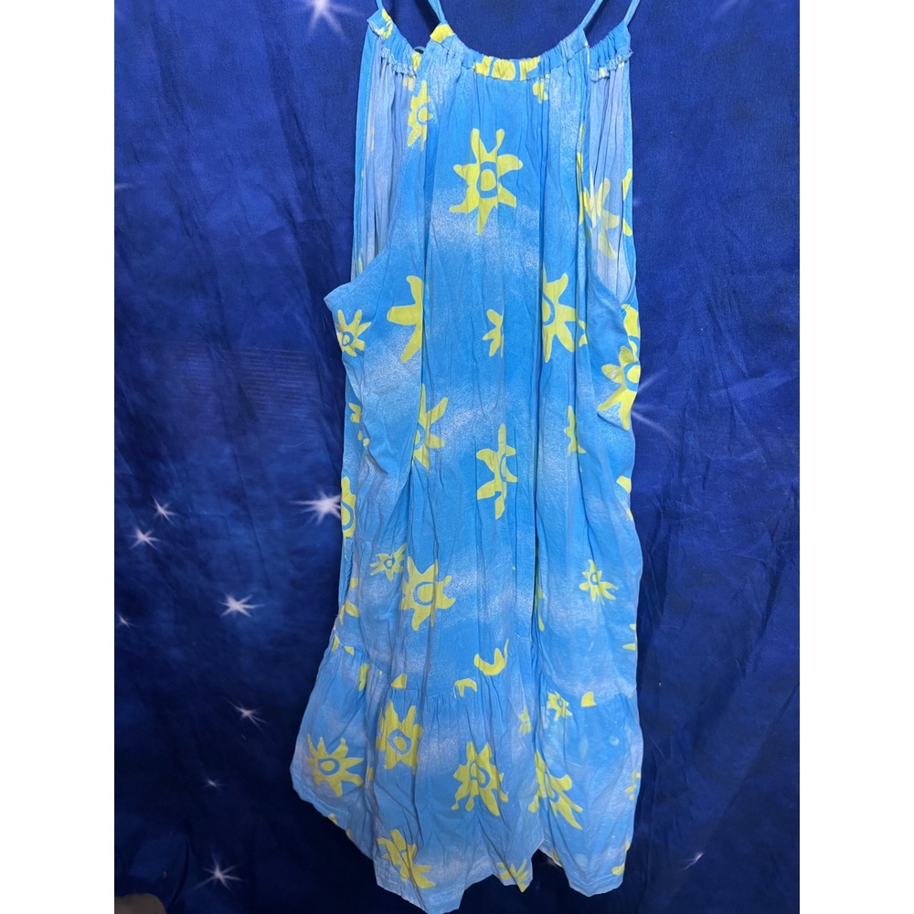 Cute Sun Print Blue Yellow Henley Tiered Midi Dress with Pockets Womens